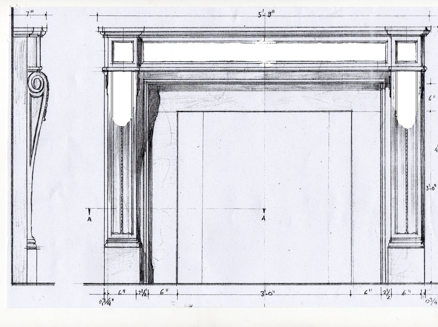 Architectural drawing of a custom marble fireplace mantel, Studio Giannoni Pietrasanta