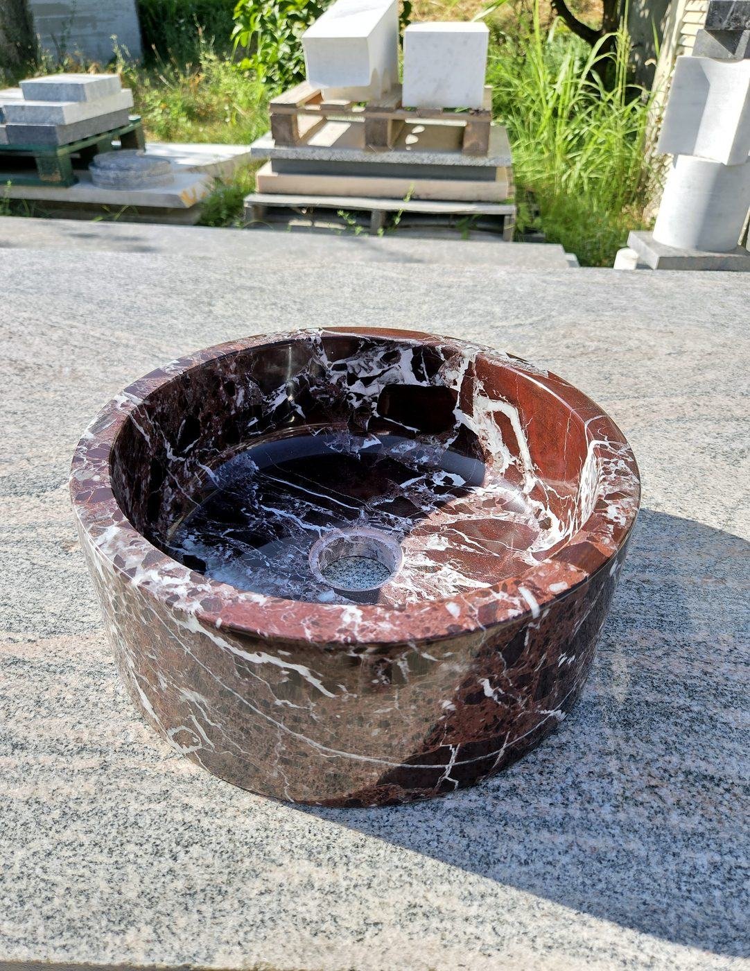 Round Rosso Lepanto marble washbasin, 40 cm in diameter, made by Studio Giannoni, Pietrasanta